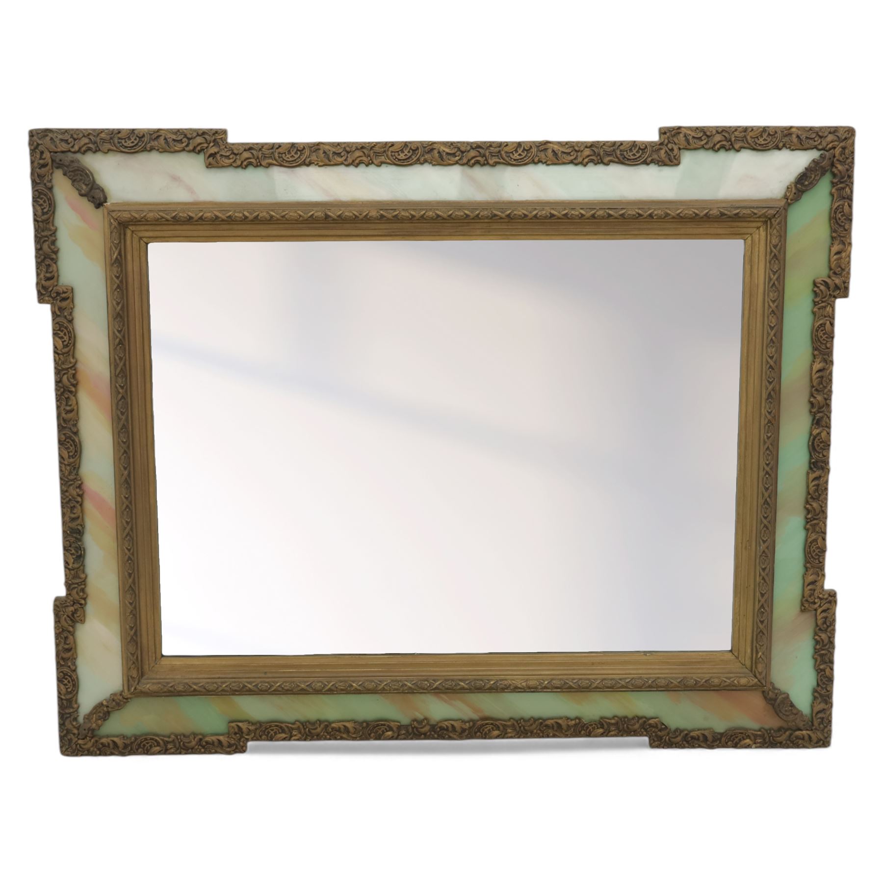 20th century gilt and composition framed wall mirrors, comprising a Rococo revival rectangular mirror with pierced scrolling acanthus and C-scroll cast border enclosing a plain plate (H 65cm, W 40cm), an oval neoclassical mirror with beaded frame, laurel crestings and trailing foliate sprays (H 57cm, W 45cm), a rectangular mirror with simulated marble effect side panels and foliate cast outer border (H 60cm, W 75cm), and a rectangular mirror with reeded and foliate moulded frame surrounding an oval aperture and plain plate (H 86cm, W 56cm)