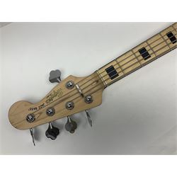 Fender Squier five-string jazz bass guitar; natural finish with Duncan Designed pick-ups; serial no.ICS11097557; L118cm
