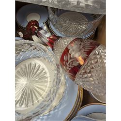 Ruby glass decanter, Doulton part dinner service, two cut glass bowls, pencil drawing and a Wedgwood Jasperware Royal wedding trinket box