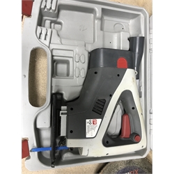 A quantity of hand tools including a Ferm FAG-230 angle grinder, a MacAllister reciprocating saw, a jig saw etc