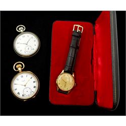 Smiths De Luxe 9ct gold gentleman's 15 jewels manual wind presentation wristwatch, with subsidiary seconds dial, Edinburgh 1961, on black leather strap, cased, Limit gol-plated pocket watch and one other