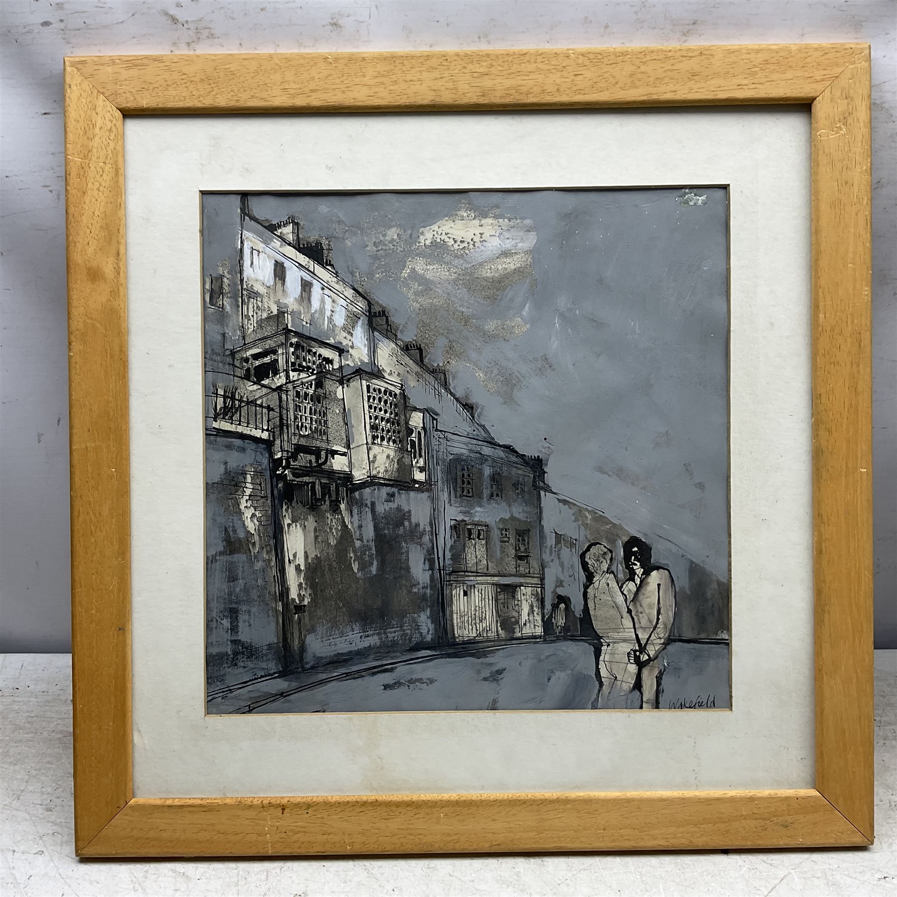 Larry Hilary Eduard Wakefield (British 1925-1997): Lovers by the Houses, mixed media signed 34cm x 34cm 