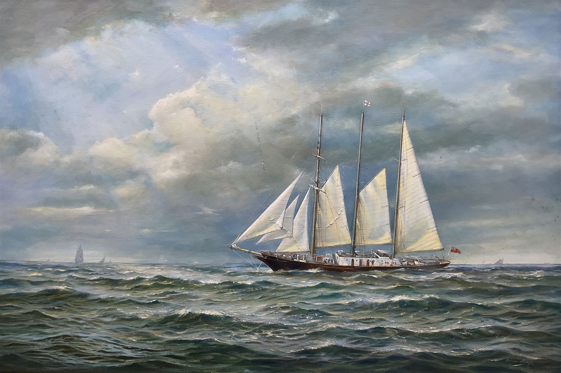 Brian Mays (British 1938-2005): 'Sir Winston Churchill' - Study of a Three Masted Topsail Schooner, oil on canvas signed, titled verso 49.5cm x 75cm 
Provenance: direct from the family of the artist.