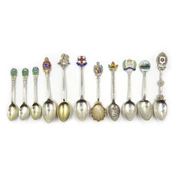  Collection of silver and enamel commemorative and souvenir teaspoons approx 10oz  