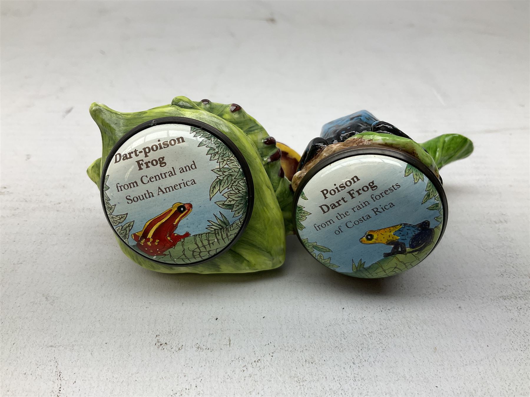 Four Halcyon Days bonbonnieres modelled as frogs, Golden Toad, Red-eyed frog, Dart-poison frog, and Poison Dart frog, in single box 