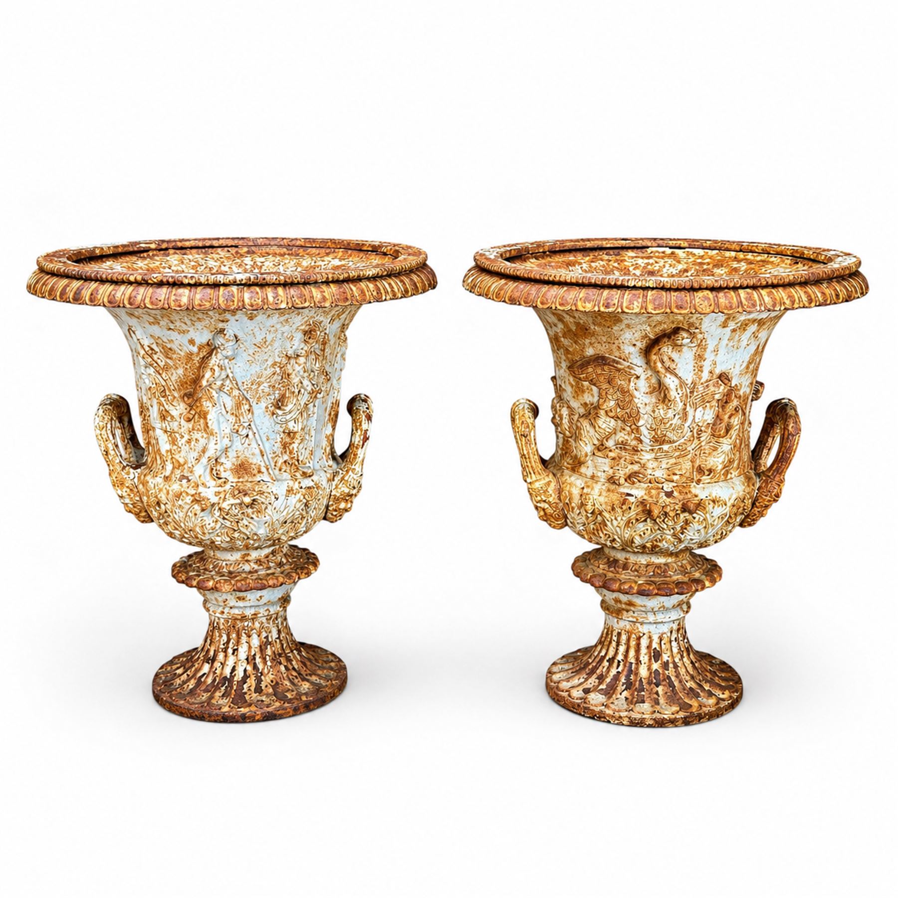Andrew Handyside - pair of 19th century best quality cast iron garden urns, individually detailed in relief Allegorical Figures and Helaldic Swans, campagna form with twin handles, detail under rim, raised on circular fluted base