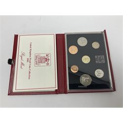 Seven The Royal Mint United Kingdom proof coin collections, dated 1985, 1986, 1987, 1989 including 'Claim of Right' and 'Bill of Rights' two pound coins, 1993, 1994 and 1996, all in red folders with certificates
