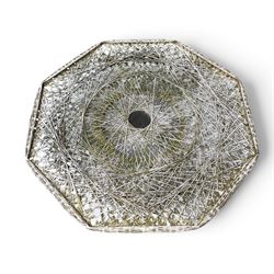 Two French early 20th century painted wicker octagonal garden tables, circular pedestals with parasol opening; with matching side table (3)