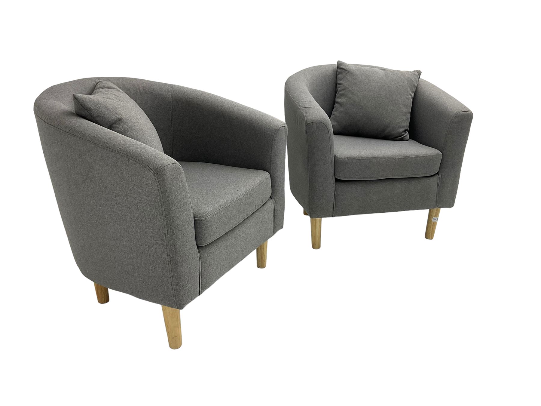 Pair small tub chairs, upholstered in graphite grey fabric and raised on tapered feet
