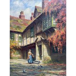 Frank Moss Bennett (British 1874-1952): Lady in a Sunlit Courtyard, oil on board unsigned 52cm x 39cm