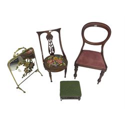 Two Victorian mahogany balloon back chairs, late Victorian mahogany chair with pierced splat, brass and glazed firescreen with painted decoration, a small stool (5)