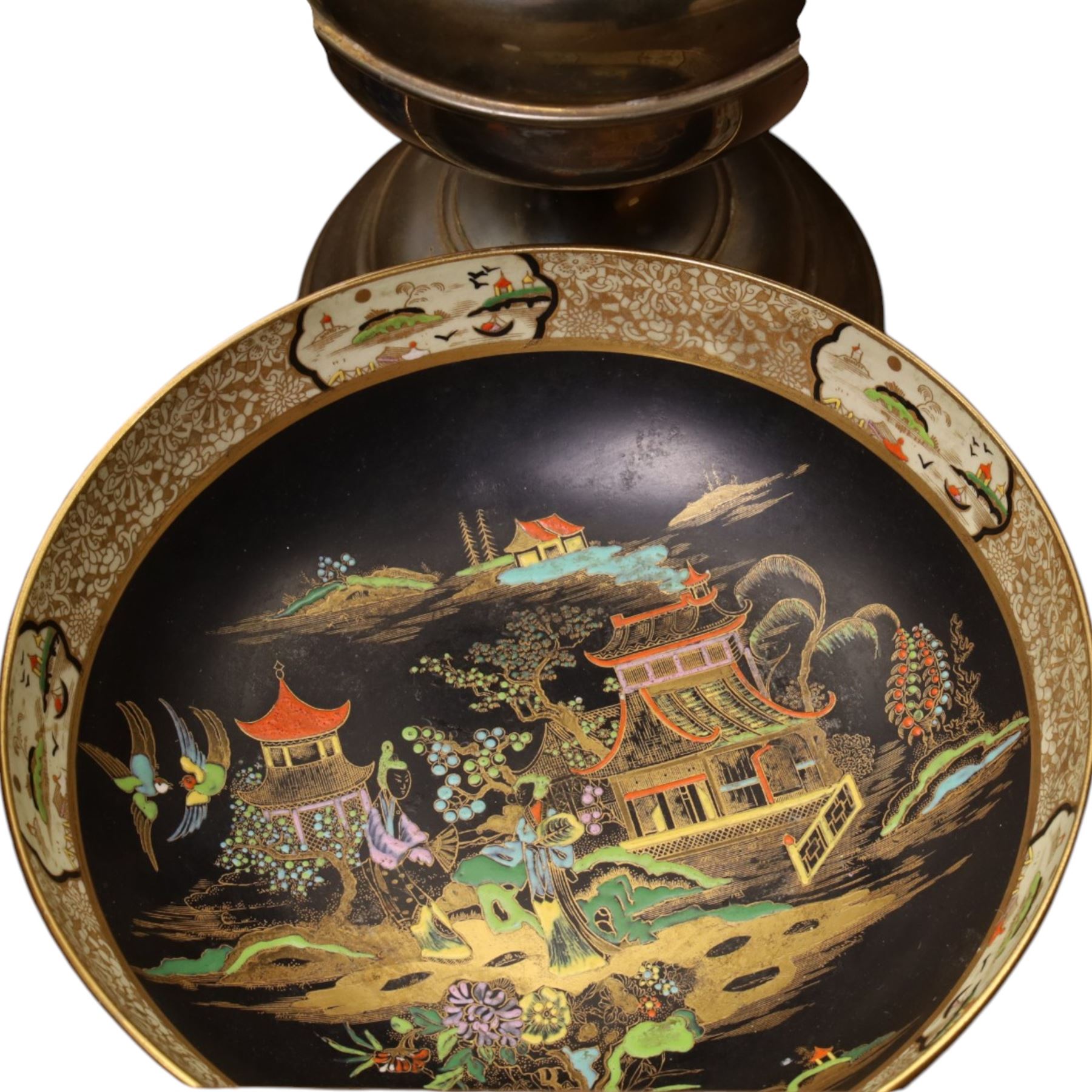 Brass table oil lamp, another oil lamp, Japanese vase, Carlton ware bowl etc