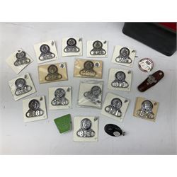 Bell Punch Company of London 'The Ultimate' five lever fare collection machine, together with an Almex ticket machine with shoulder strap, two brass Halifax transport cap badges, other chrome tramway cap badges, etc