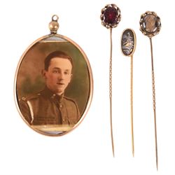 9ct gold photo pendant and three gold plated stick pins, including one stone set and one h...