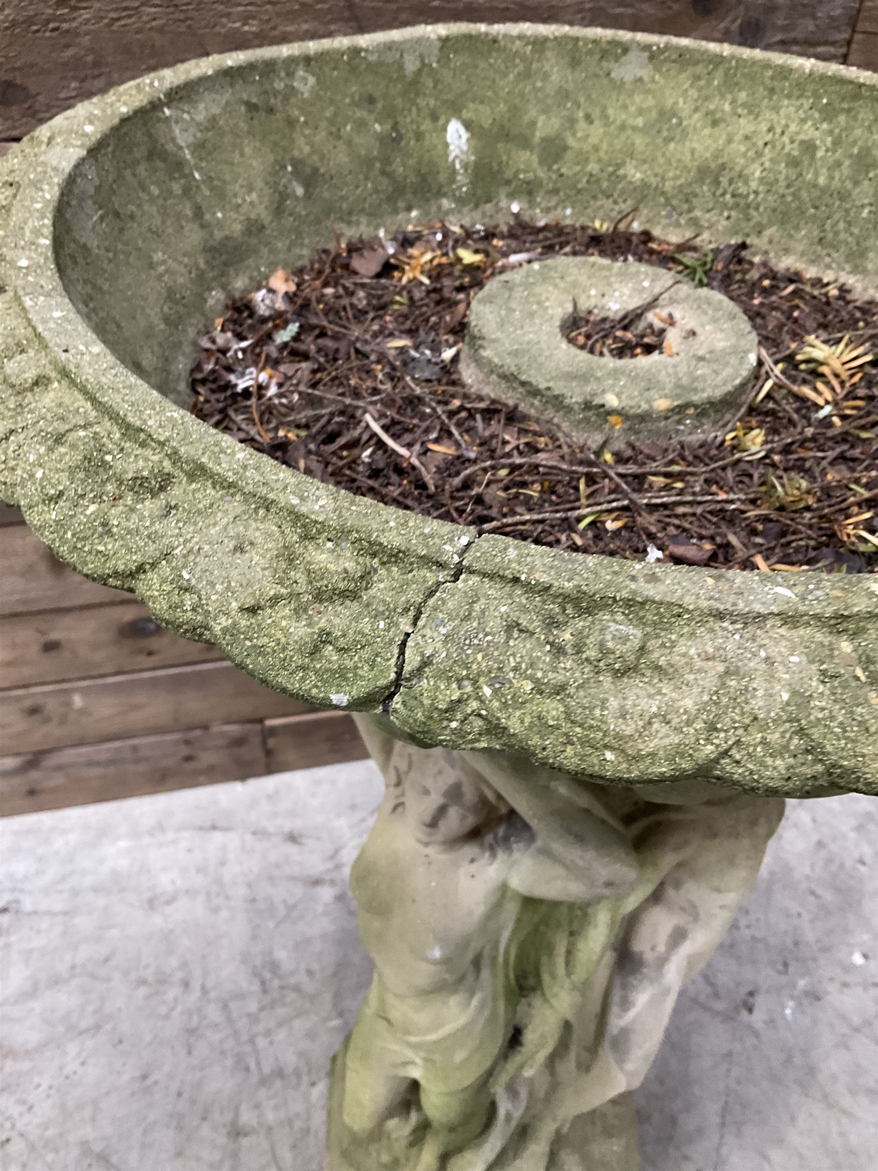 Cast stone bird bath, pedestal in the form of 'The Three Graces'