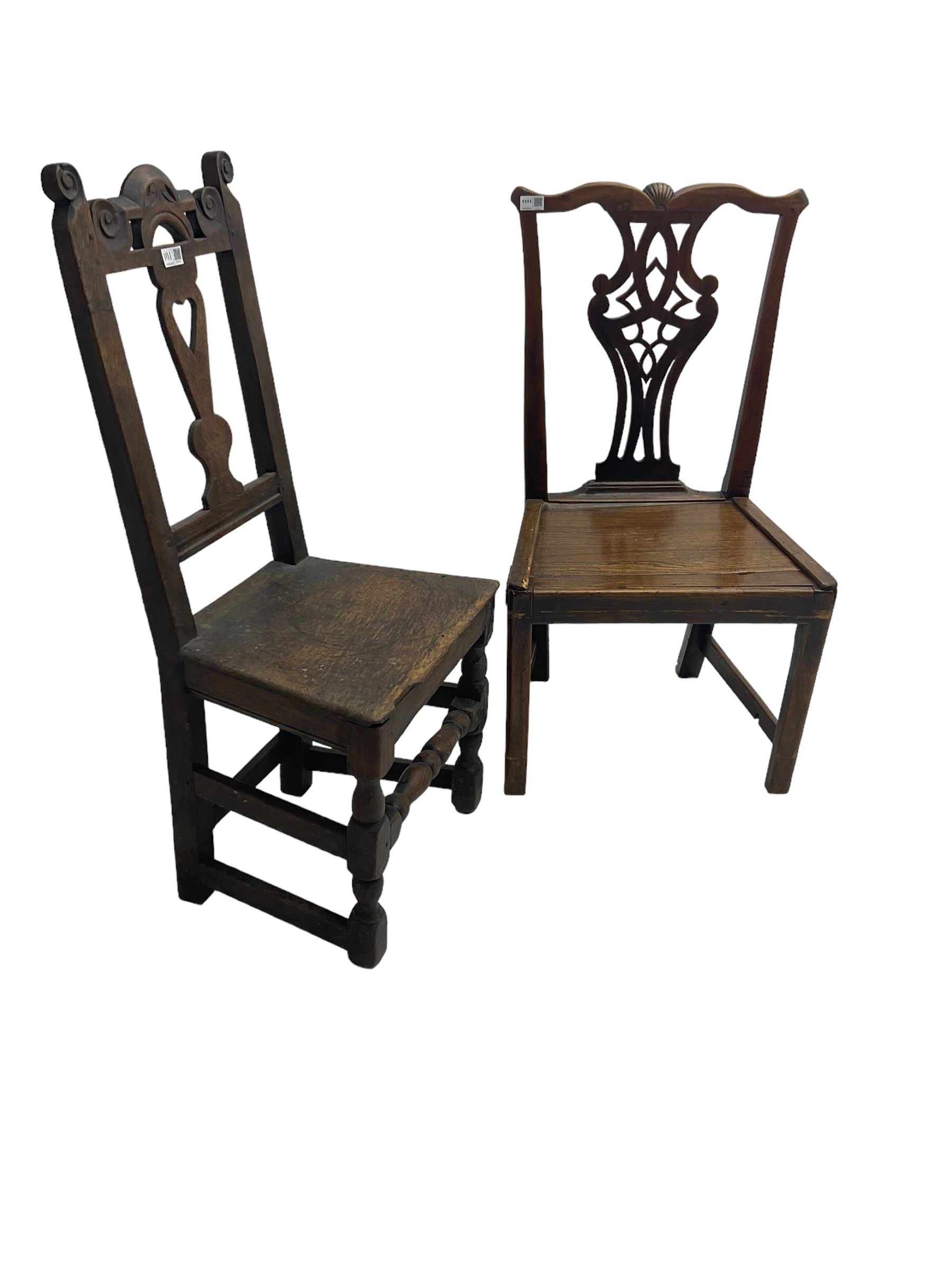 George III Chippendale design oak side chair, york cresting rail over pierced shaped splat back, solid seat raised on square supports (W52cm H93cm); 18th century oak side chair, scroll carved cresting rail with heart splat, panel seat raised on turned supports (W43cm H99cm)