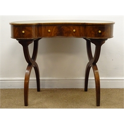  Regency style kidney shaped inlaid mahogany desk, single drawers, 'X' framed supports, W95cm, H74cm, D60cm  