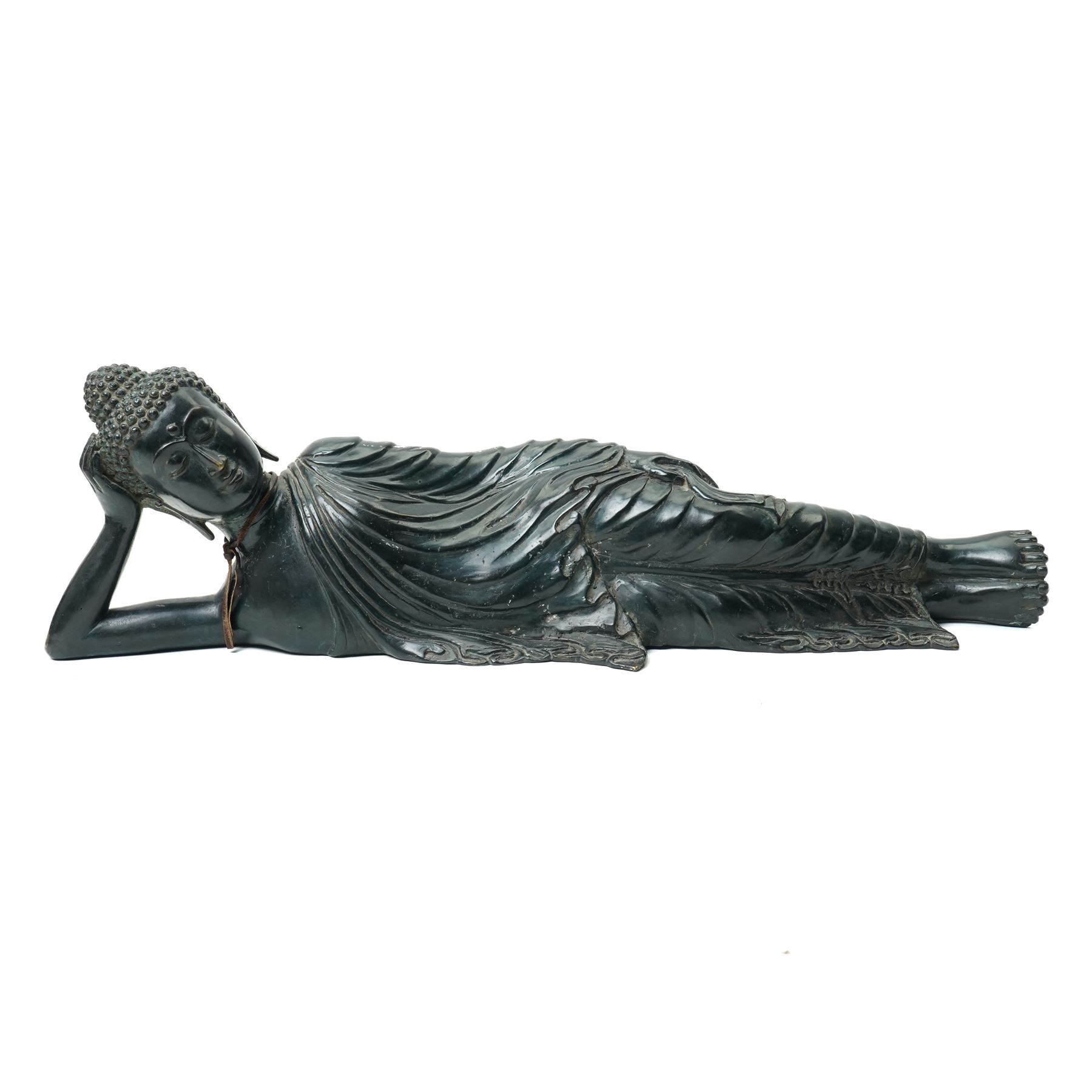 Late 20th century bronzed figure of a reclining buddha L64cm