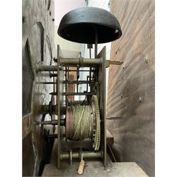 Edward Golland of Retford (Notts) - mid-18th century 8-day carved oak longcase c1760 , with a stepped caddy top and blind fret, break arch hood door flanked by carved pilasters with brass capitals,  trunk with a carved break arch toped door on a carved plinth with applied skirting and feet, brass dial with matching steel hands, silvered and engraved dial centre and chapter ring, with seconds dial and calendar aperture, four seasons spandrels and boss to the arch with makers name, four pillar rack striking movement, striking the hours on a bell. With weights and pendulum.            
Edward Golland is recorded as working in Retford during the late 18th century.