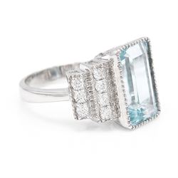 18ct white gold aquamarine and diamond stepped design ring, single milgrain set octagonal cut aquamarine of approx 7.00 carat, with seven round brilliant cut diamonds set either side, stamped 750, total diamond weight approx 0.40 carat