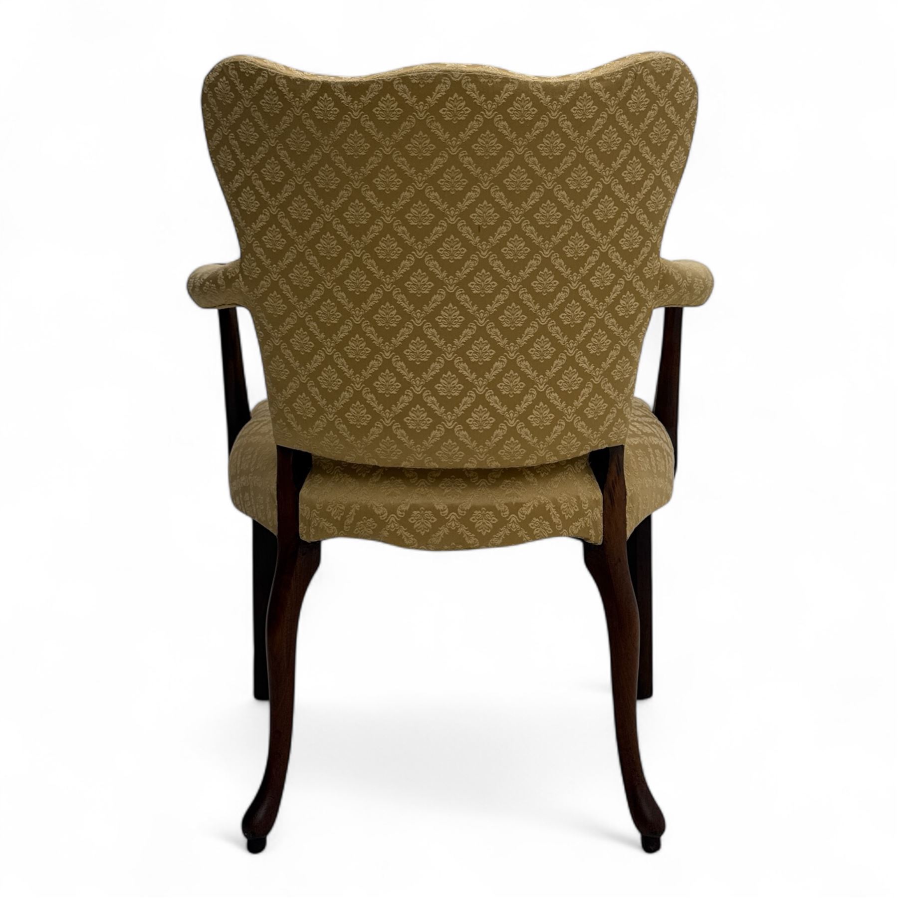 Pair of 19th century Hepplewhite style armchairs, shaped serpentine back over seat upholstered in gold damask fabric, with padded outswept arms and serpentine front rail, on moulded mahogany foreleg