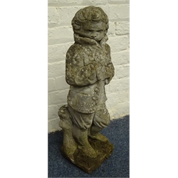  Composite stone statue of man sheltering from the elements, H75cm  