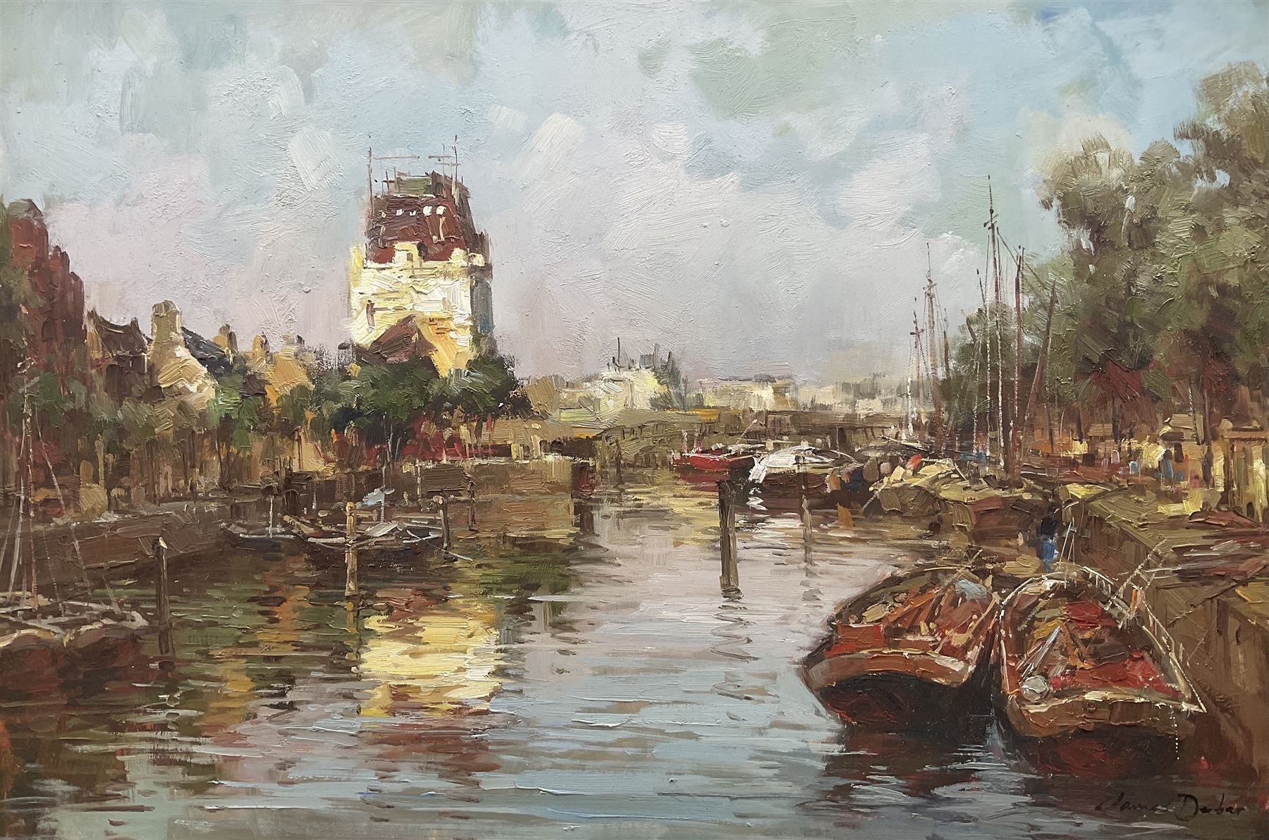 James Derbar (Continental 20th Century): 'Rotterdam Old Harbour', oil on canvas signed, titled verso 60cm x 90cm