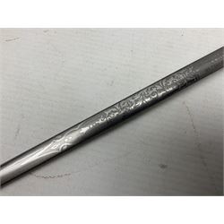 Early 20th century British Army Officer’s leather covered swagger / sword stick by Swaine & Adeney of 185 Piccadilly London; 34.5cm double edged spear point blade with etched foliate decoration and retailer’s details; stamped 'Forged in London' to the edge of the ricasso; L59.5cm overall