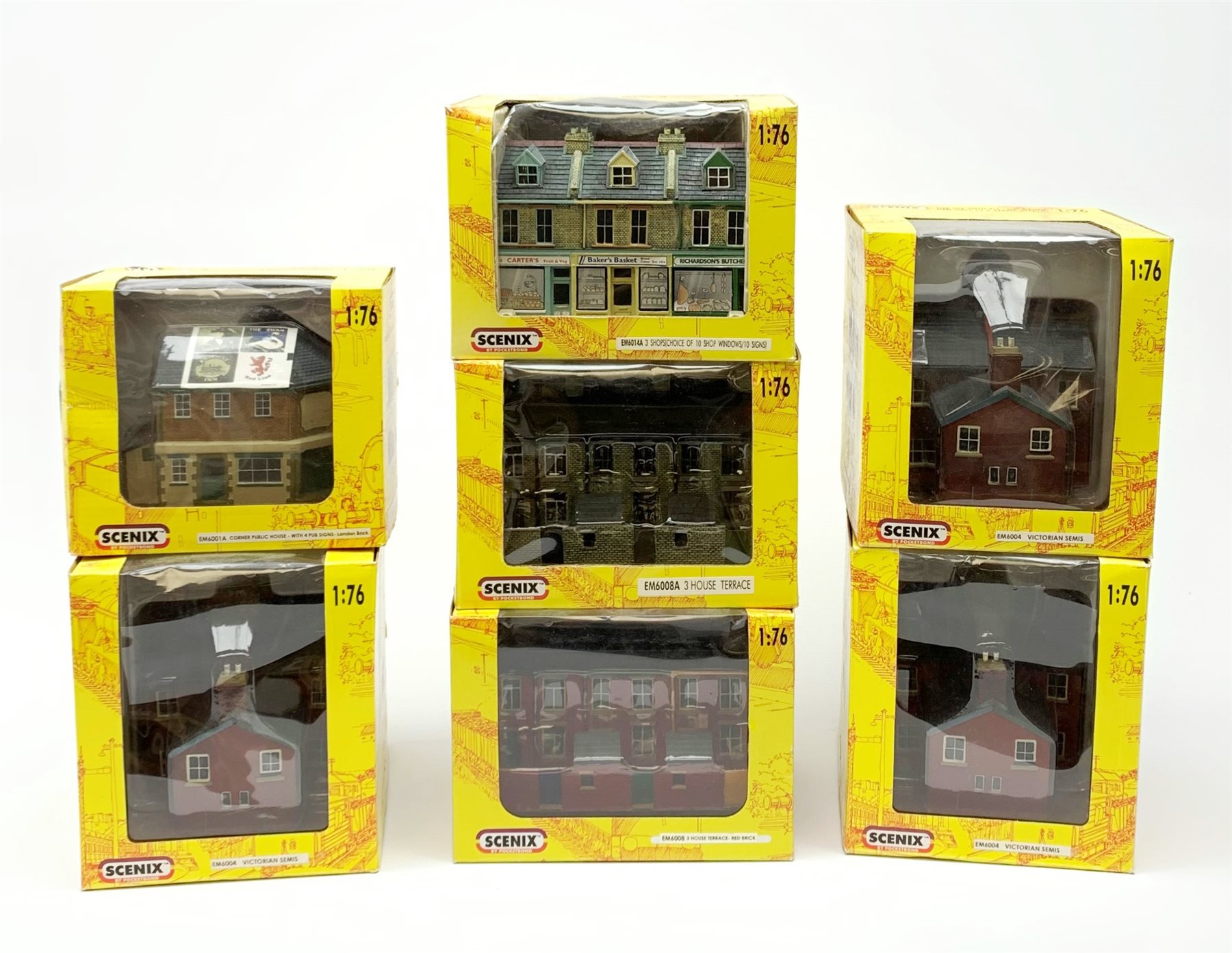 Pocketbond 'Scenix' - seven various buildings comprising three x Victorian Semis, Three Shops, Three House Terrace, Three House Terrace (Red brick) and Corner Public House, all boxed