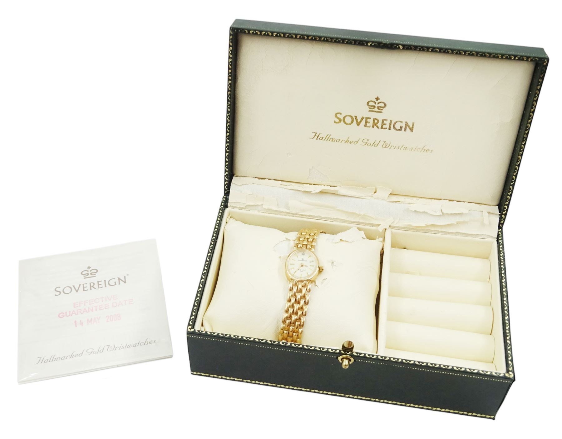 Sovereign ladies 9ct gold quartz wristwatch, on 9ct gold link bracelet, stamped 375, boxed