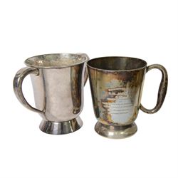 Set of six fruit knives and forks, with mother of pearl handles and silver collar, together with three silver plated toast racks, Askew twin handled tankard and two others   