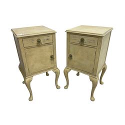 Pair of mid-20th century cream painted bedside cabinets, rectangular top over single drawer and cupboard, on cabriole supports