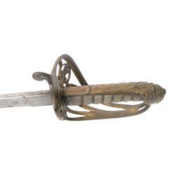 British Victorian 1845 Pattern Infantry Officer's Sword, by Henry Wilkinson, the 81cm blade by Henry Wilkinson, etched with the crowned VR cypher amidst scrolling foliage,folding sideguard, wire bound fishskin covered grip, within brass scabbard, twin suspension rings, overall L100cm