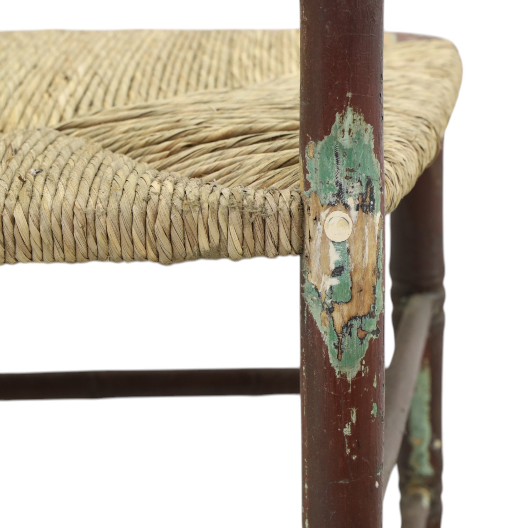 Pair of 19th century lacquered faux bamboo rush seated side chairs chairs, original blue paint under later ox-blood lacquer finish