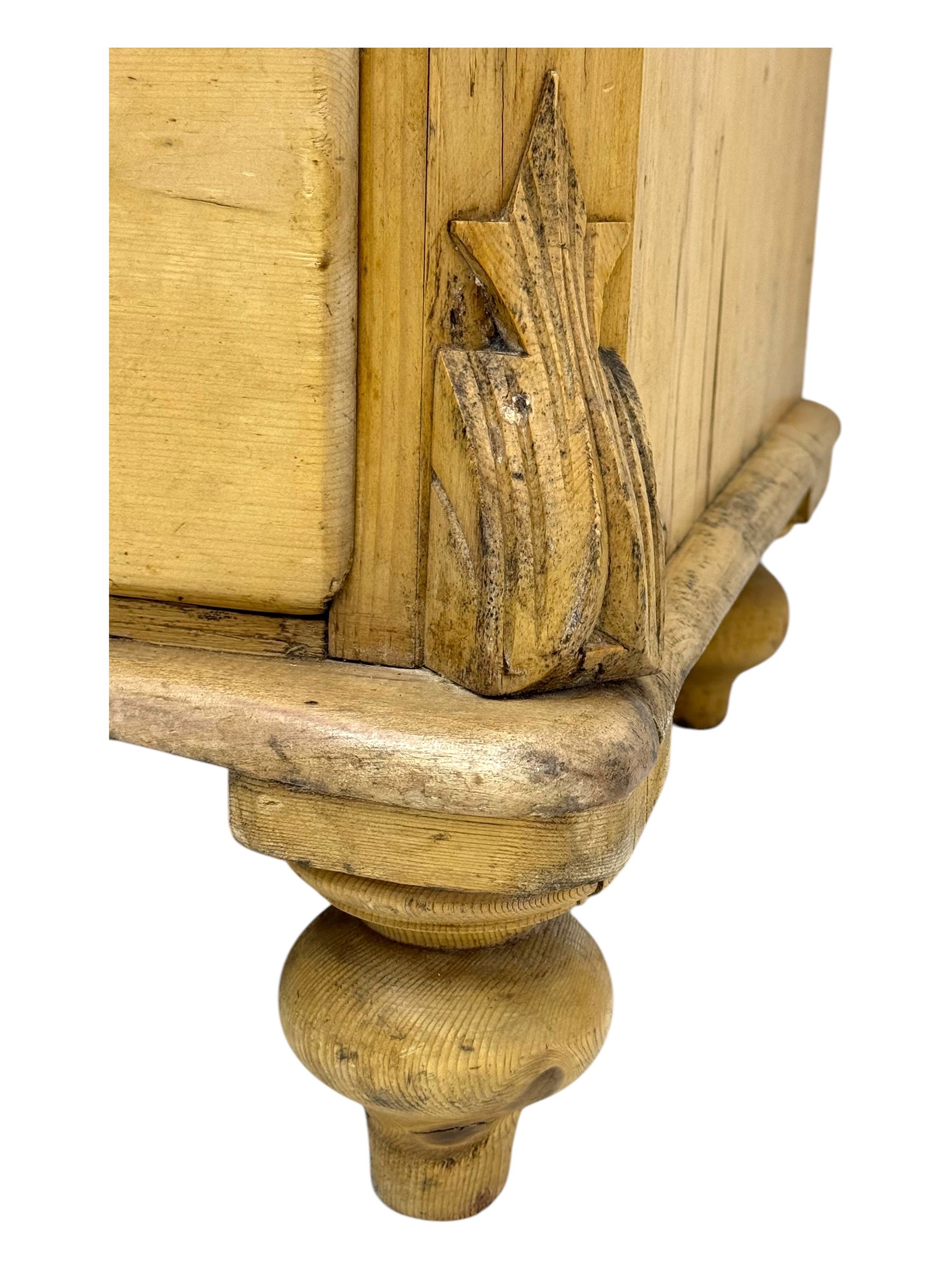 19th century continental pine chest, shaped serpentine top over two short and two long graduated drawers, on turned bun supports