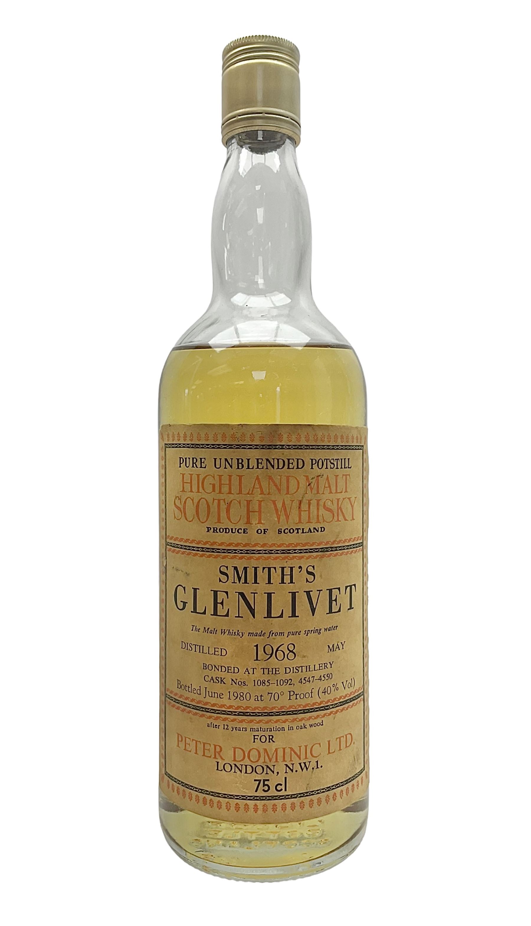 Glenlivet, 12 year old Scotch whisky, distilled May 1968 and bottled June 1980 for Peter Dominic Ltd, London, 75cl, 40% volume