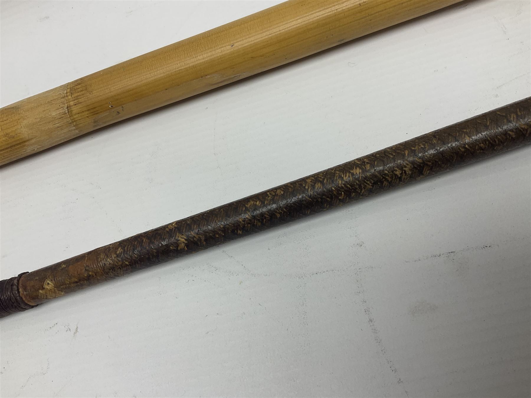 Late Victorian leather hunting whip, with antler handle and presentation engraving to hallmarked silver collars, together with a horse measuring walking stick, whip L205cm