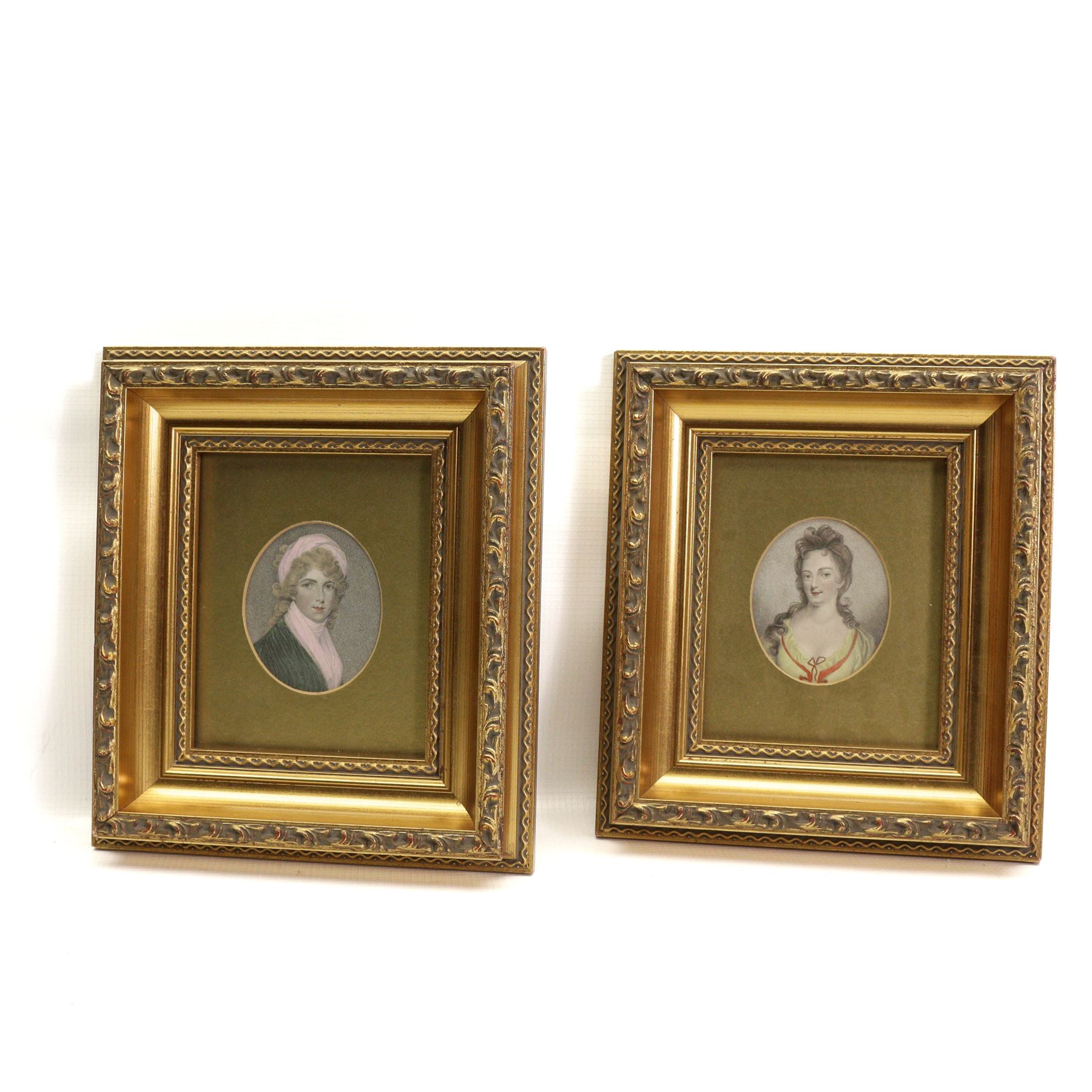 After Lady Sarah Malden (British c1761-1838) and Samuel Shelley (British 1750-1808): 'Mary Clara - Viscountess Bolingbroke' and 'Mrs Bryan',  pair 19th century engravings with hand-colouring, titled verso, in matching frames 7cm x 6cm (2)