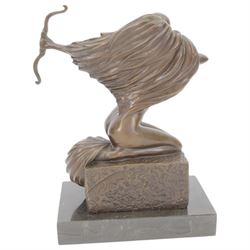 Bronze Sagittarius figure, modelled as a nude female figure with bow and arrow, signed Pino to base, upon marble plinth, H25cm 