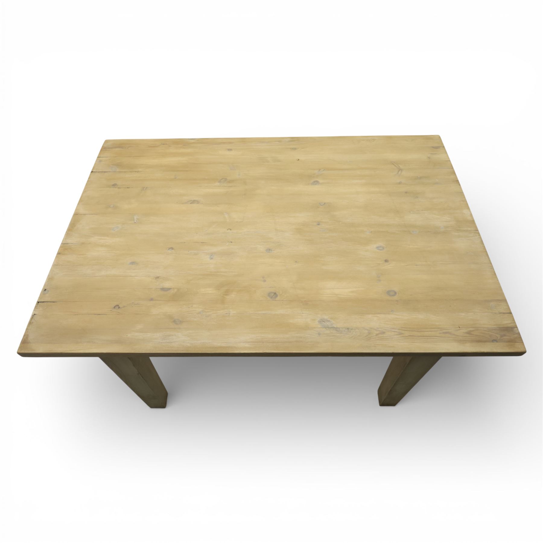 20th century washed pine table, plank top above a single frieze drawer, square tapered supports