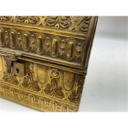 19th century brass repoussé perfume box, the ornately decorated casket with hinged domed cover lifting to reveal gold velvet lined interior containing three glass scent bottles, H14cm W15cm D7cm