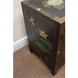  Chinese black lacquered two door cabinet, floral pattern with gold coloured detailing, W66cm, H61cm, D41cm  