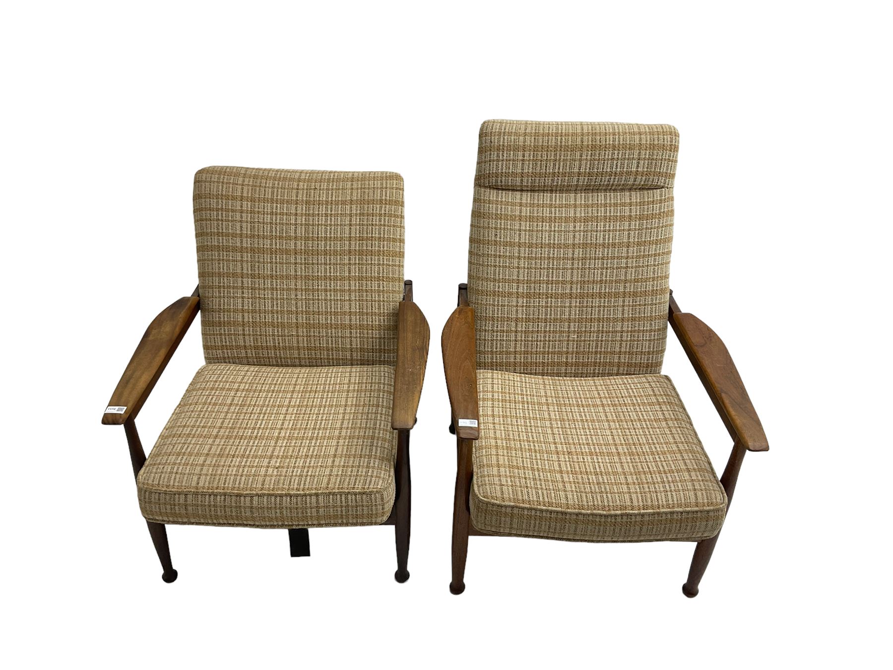 Guy Rogers - pair mid-century 'Manhattan' teak framed open armchairs, upholstered seat and back on turned supports