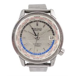 Seiko World Time Diashock 17 Jewels automatic wristwatch, No. 6217-7000, Cal. 6217A, back case No. 4707713, on expanding strap