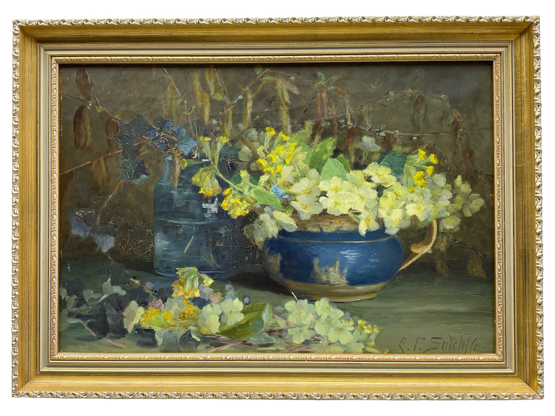 Elizabeth Trevor Sutcliffe (British 1854-1944): Still Life of Spring Flowers, oil on canvas signed 37cm x 55cm
Notes: Studied at Manchester School of Art, France and Italy. Lived in Wales, Whitby and Leeds, married to the fellow artist Lester Sutcliffe (1848-1933)