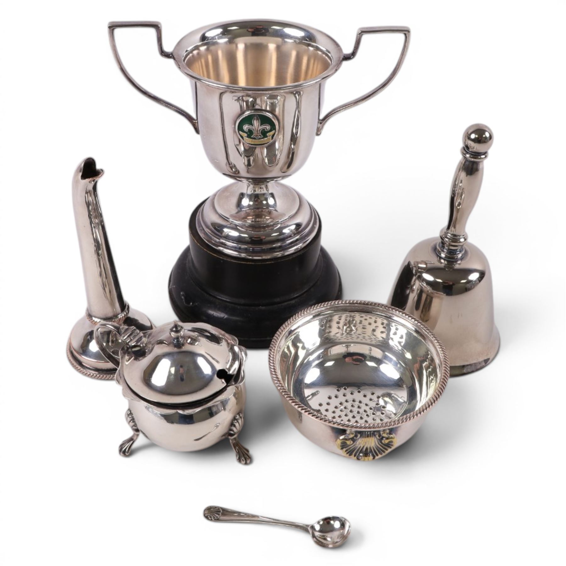 Silver mustard pot and spoon, both hallmarked, together with a silver plated trophy, wine funnel and bell