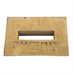 Late 19th century brass door knob set and brass letter box cover for Phoenix Assurance Company Limited, the door knobs each cast with fluted sides, the fronts with deep cast phoenix, square spindle shaft, each approximately L7.5cm, the letter box cover inscribed Phoenix beneath rectangular letter recess and flap, 19cm x 28cm