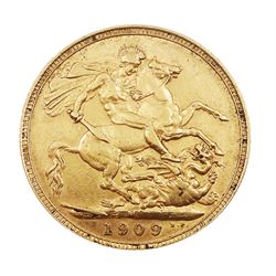 King Edward VII 1909 gold full sovereign coin, Melbourne mint