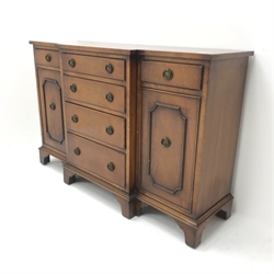 Bevan Funnell Reprodux small cross banded mahogany breakfront sideboard, six drawers, two cupboards, shaped plinth base, W105cm, H69cm, D34cm