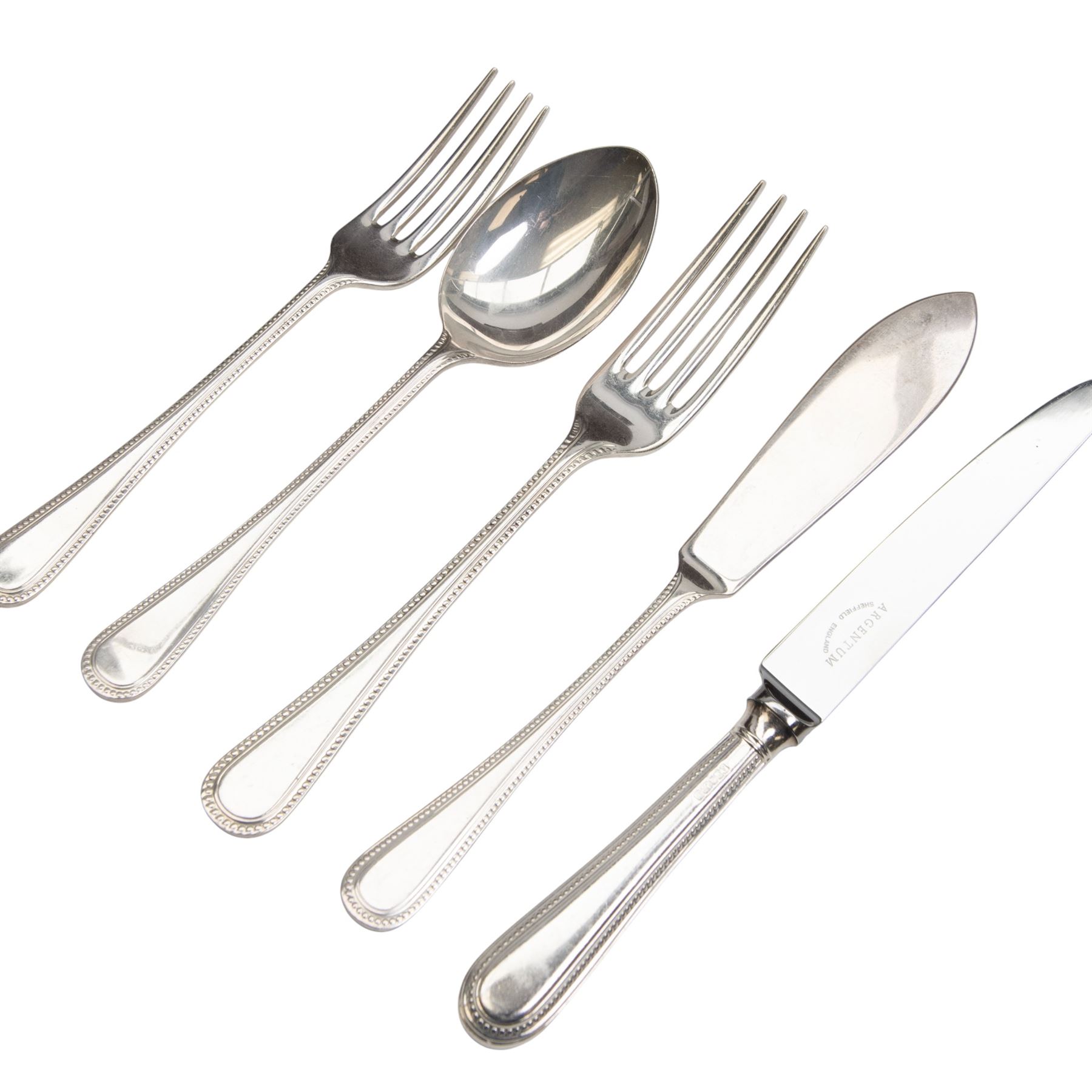 Late 20th century canteen of silver cutlery for twelve place settings, comprising fish knives, fish forks, soup spoons, dessert forks, dessert spoons, silver handled dessert knives, table forks, silver handled table knives, teaspoons, coffee spoons and four table spoons, each with beaded borders to handles, all hallmarked Argentum Ltd, Sheffield 1996, contained within a rectangular mahogany canteen with fitted green velvet interior